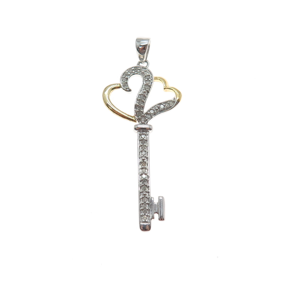 925 Sterling Silver 2-Tone Real Round-Cut Diamond Couple Heart Key Charm Pendant