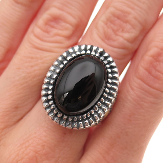 925 Sterling Silver Vintage Enamel Real Black Onyx & Marcasite Ring Size 7