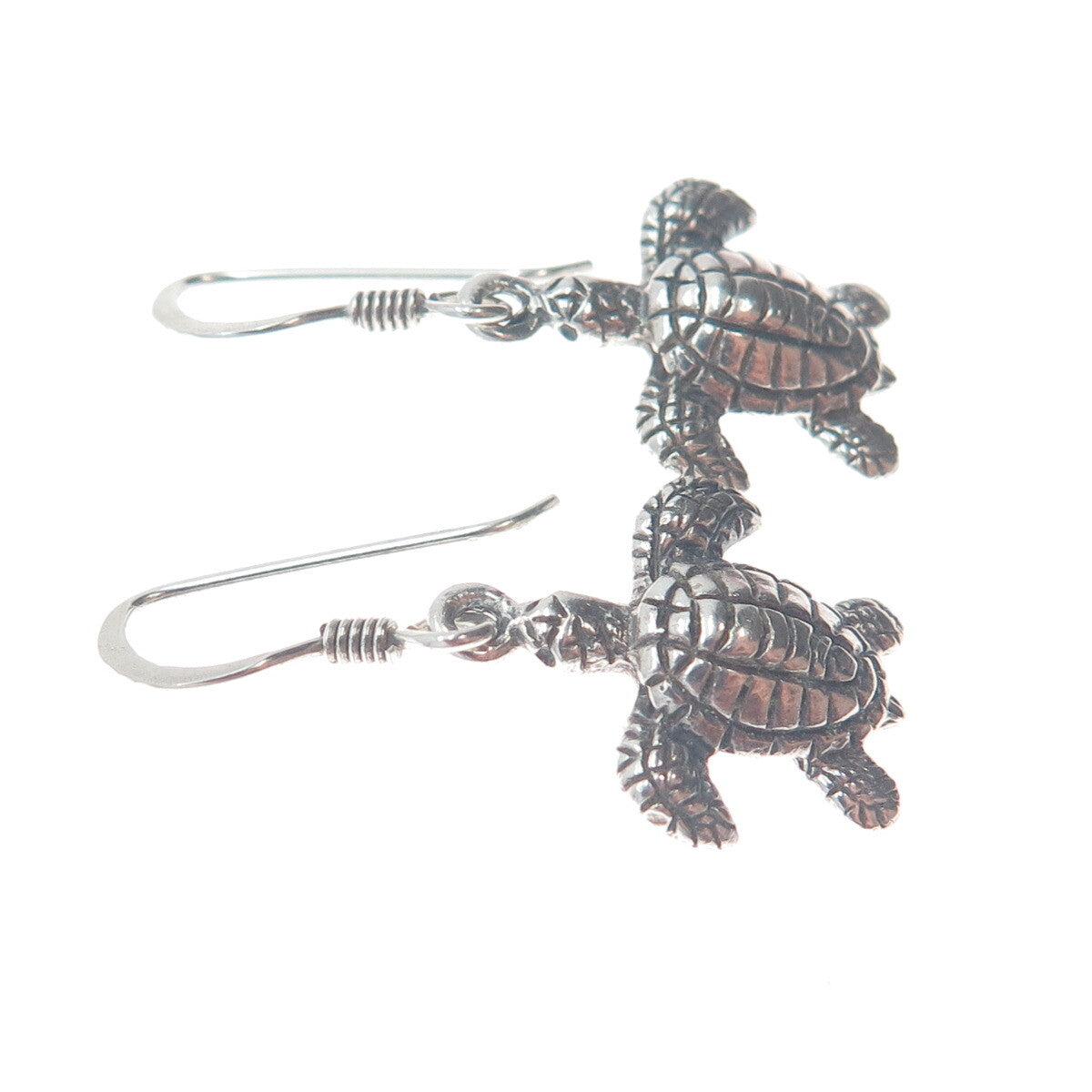 925 Sterling Silver Vintage Turtle Oxidized Dangle Hook Earrings