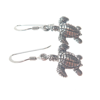 925 Sterling Silver Vintage Turtle Oxidized Dangle Hook Earrings