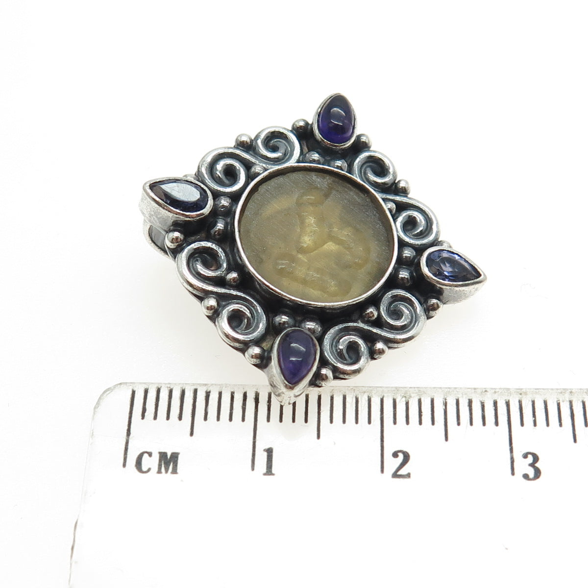 SAJEN 925 Sterling Silver Vintage Real Amethyst Iolite & Glass Spiral Pendant