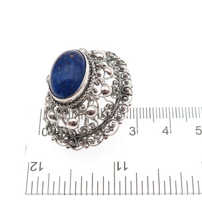 800 Silver Antique Art Deco Real Cabochon Lapis Filigree Oxidized Pin Brooch