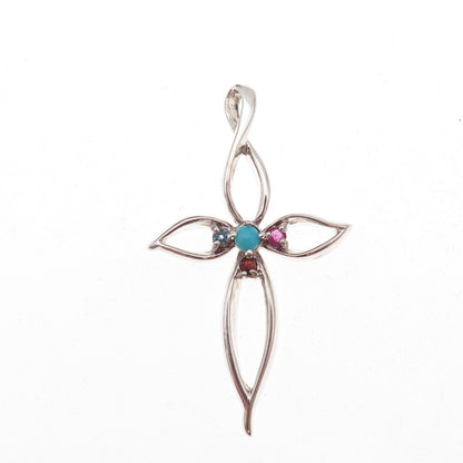 925 Sterling Silver Vintage Real Turquoise Ruby Topaz Garnet Cross Charm Pendant