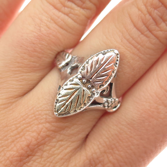925 Sterling Silver 12K Yellow & Rose Gold Vintage Floral Leaf Ring Size 7.25