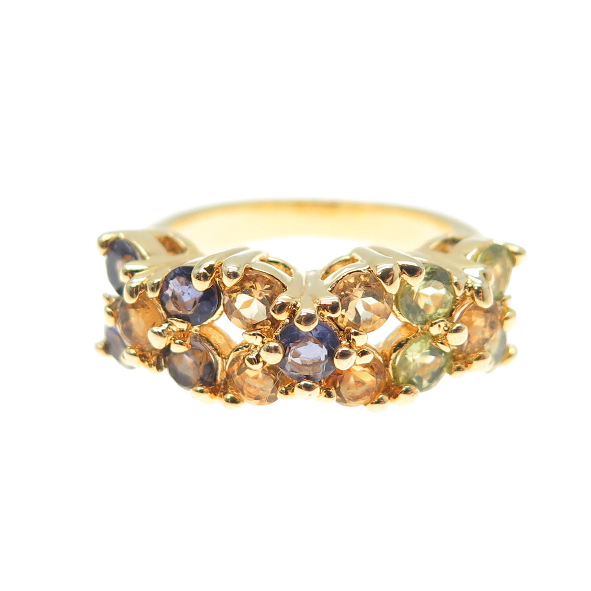925 Sterling Silver Gold Plated Real Peridot Citrine & Iolite Ring Size 4.75