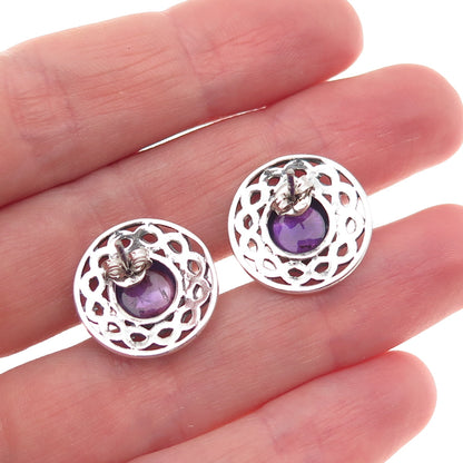925 Sterling Silver Vintage Real Amethyst Celtic Woven Oxidized Earrings