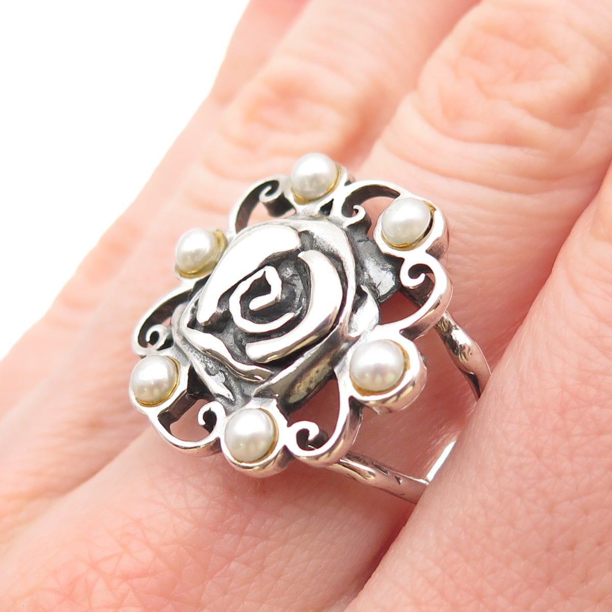Golan Goldex 925 Sterling Silver Vintage Real Pearl Modernist Rose Ring Size 7.5