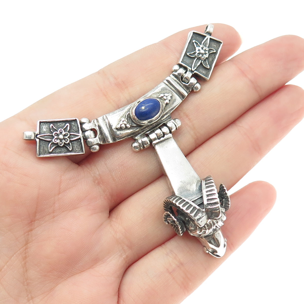 925 Sterling Silver Vintage Real Lapis Lazuli Aries Zodiac Necklace Centerpiece