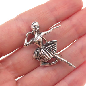 925 Sterling Silver Vintage Ballerina Repousse Oxidized Pin Brooch