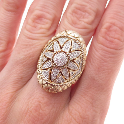 925 Sterling Silver 2-Tone Round-Cut C Z Floral Ring Size 9.25