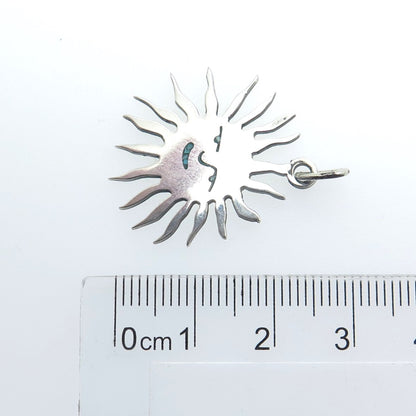 925 Sterling Silver Vintage Real Turquoise Inlay Sun Charm Pendant