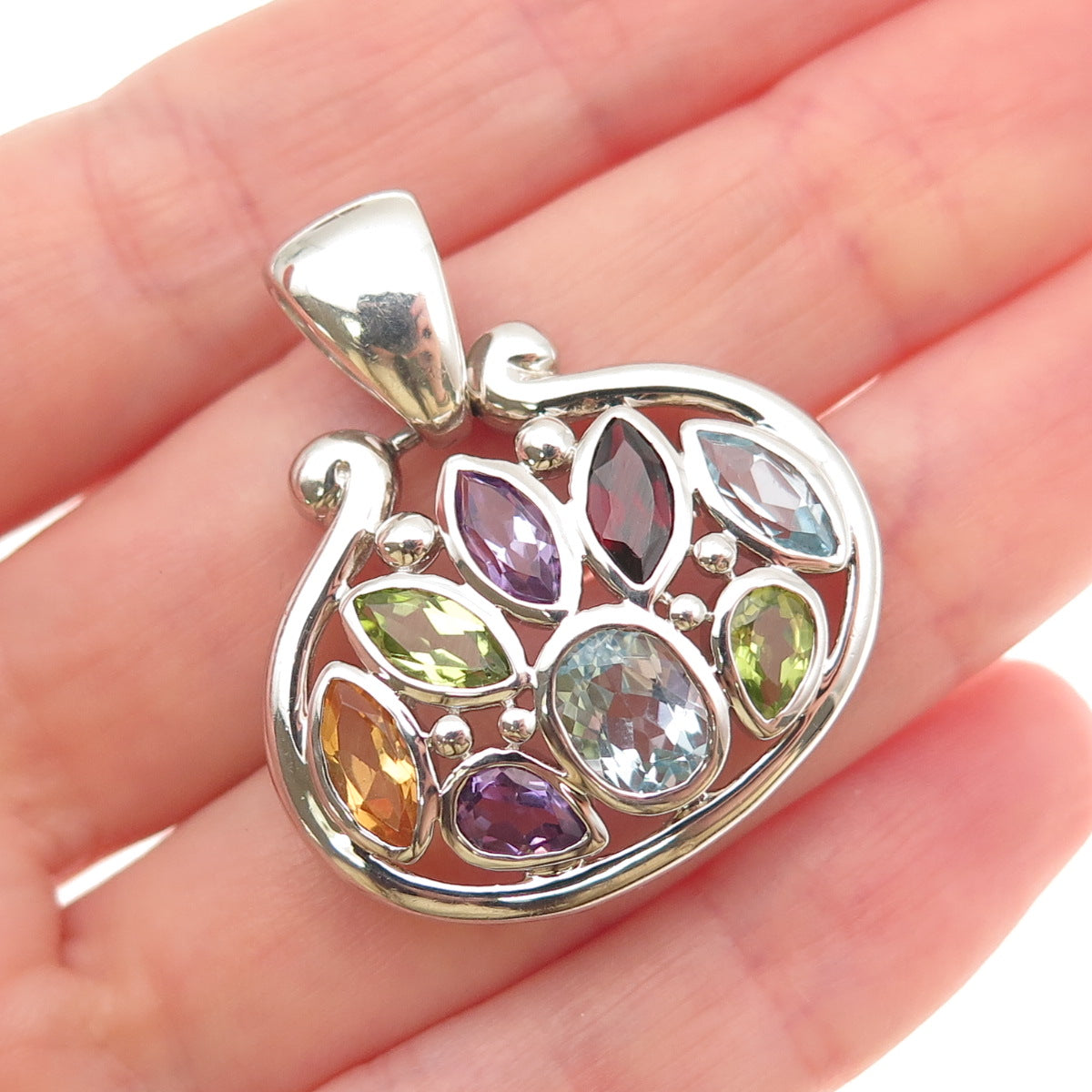 925 Sterling Vintage Real Blue Topaz Peridot Amethyst Citrine Red Garnet Pendant