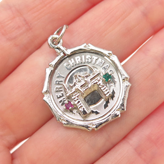 925 Sterling Silver Vintage Rhinestone Merry Christmas Fireplace Charm Pendant