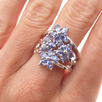 925 Sterling Silver Real Round & Pear-Cut Tanzanite Floral Ring Size 8