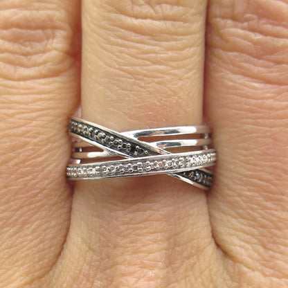 925 Sterling Silver Real Round-Cut Black & White Diamond Crisscross Ring Size 7