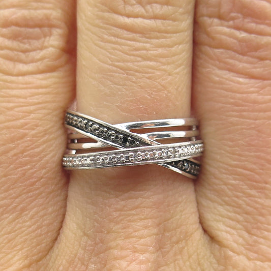 925 Sterling Silver Real Round-Cut Black & White Diamond Crisscross Ring Size 7