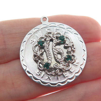 SPENCER 925 Sterling Silver Vintage Green Rhinestone Sweet Sixteen Charm Pendant