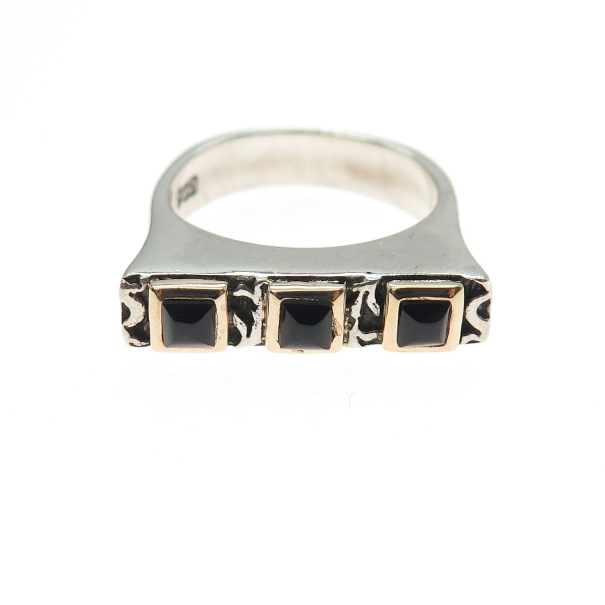 925 Sterling Silver 14K Gold Vintage Real Black Onyx Modernist Ring Size 7