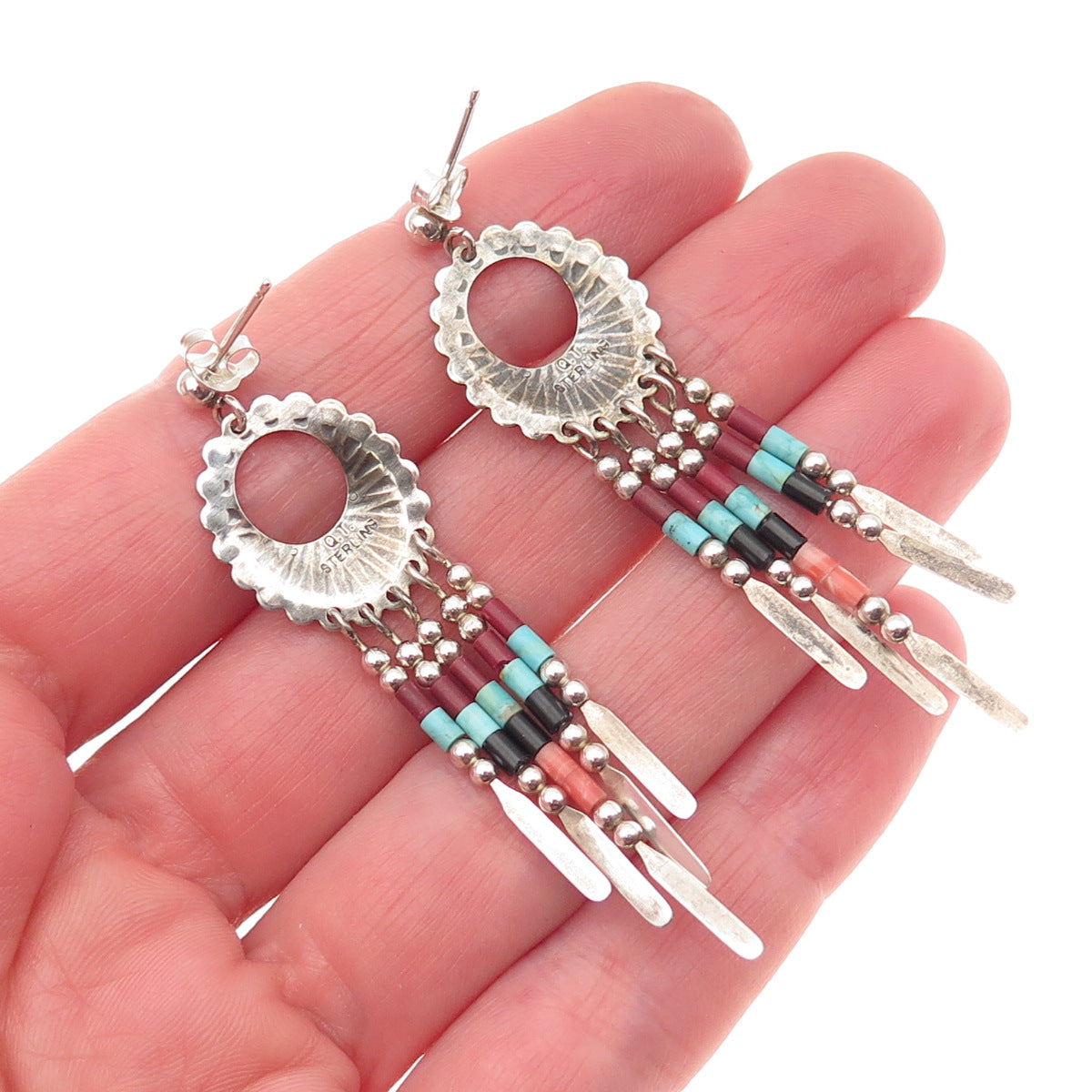 Quoc Turquoise Old Pawn Sterling Silver Vintage Southwestern Multi-Gem Earrings