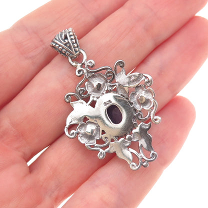 925 Sterling Silver Vintage Real Tanzanite Floral Oxidized Charm Pendant