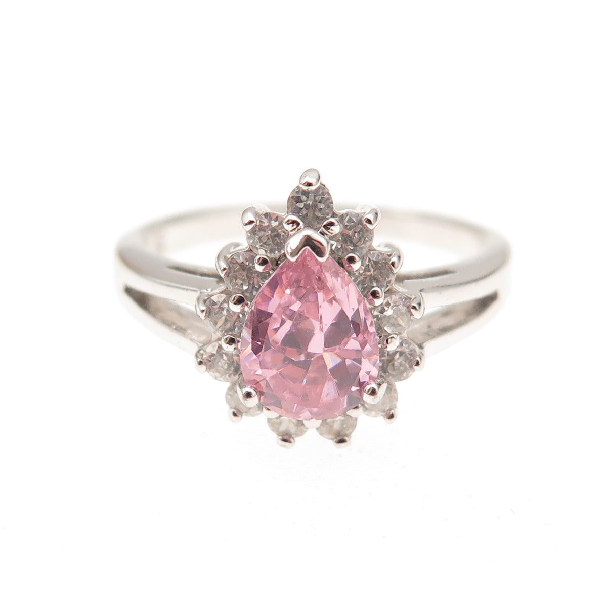 Diadema 925 Sterling Silver Pear-Cut Pink & Round-Cut White C Z Ring Size 8