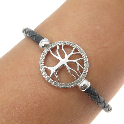 925 Sterling Silver Real Round-Cut Diamond Tree of Life Leather Bracelet 7.5"