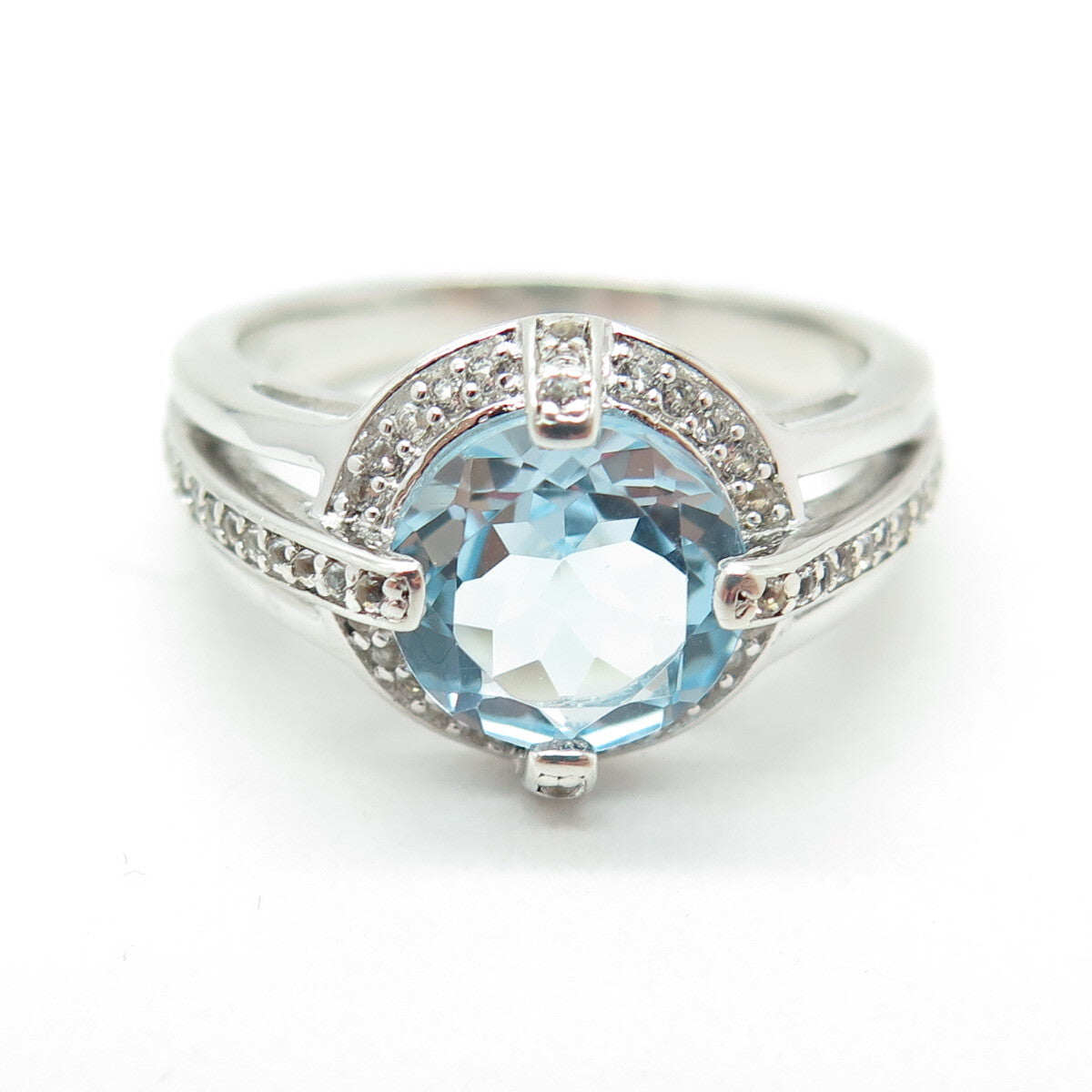 925 Sterling Silver Real White & Blue Topaz Gemstone Ring Size 9.25