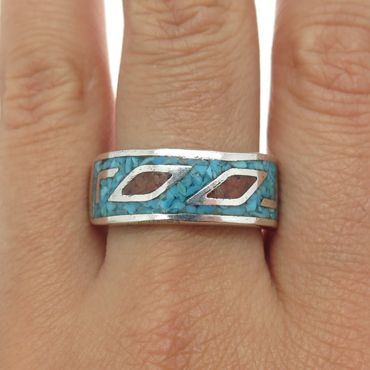 Old Pawn 925 Sterling Silver Southwestern Turquoise Coral Inlay Ring Size 10.75