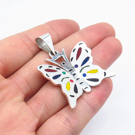 925 Sterling Silver Vintage Mexico Colorful Enamel Butterfly Pendant