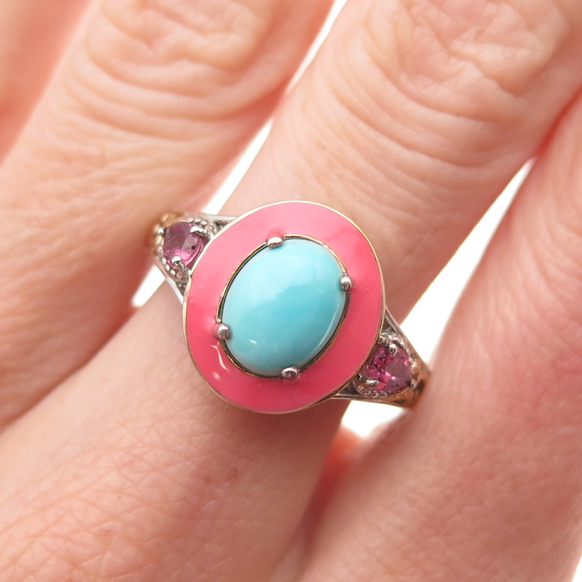 Chuck Clemency 925 Sterling 2-Tone Enamel Real Turquoise Tourmaline Ring Size 8
