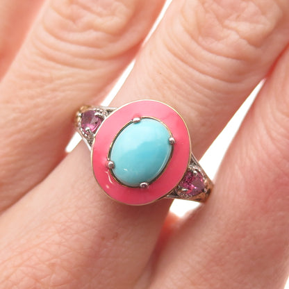Chuck Clemency 925 Sterling 2-Tone Enamel Real Turquoise Tourmaline Ring Size 8