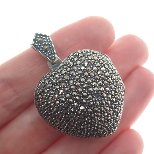 925 Sterling Silver Vintage Real Marcasite Heart Locket Oxidized Pendant