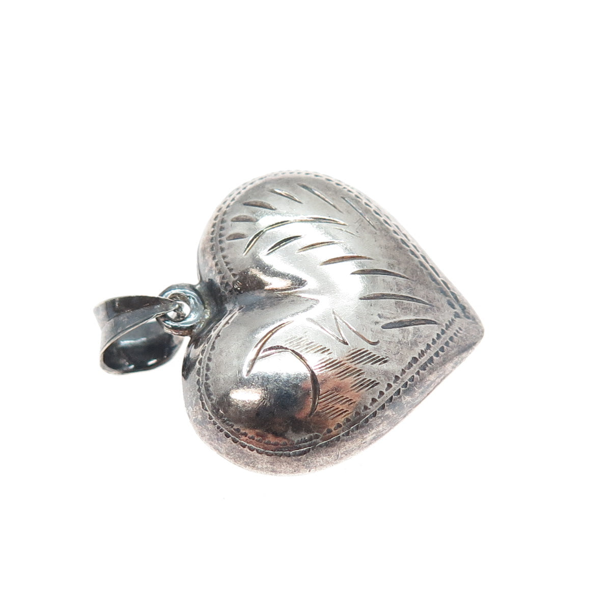 925 Sterling Silver Vintage Engraved Puffy Heart Oxidized Charm Pendant