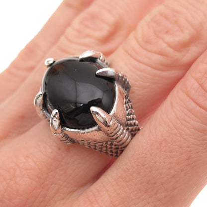 925 Sterling Silver Vintage Real Black Onyx Dragon Claw Oxidized Ring Size 10.25