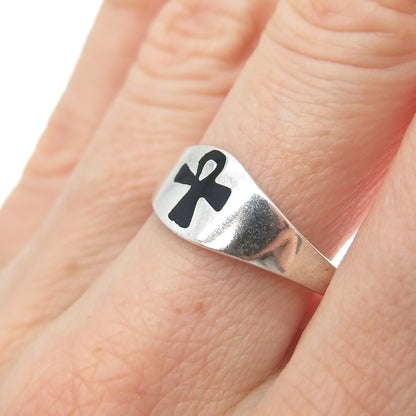 925 Sterling Silver Vintage Real Black Onyx Egyptian Ankh Ring Size 8