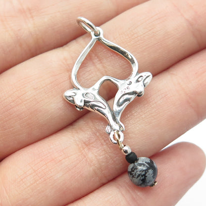 925 Sterling Silver Vintage Snowflake Obsidian Gem Couple of Dolphins Pendant