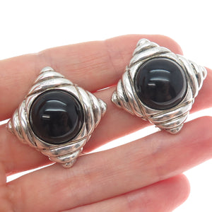 NR NANCY & RISE 925 Sterling Silver Vintage Real Black Onyx Clip On Earrings