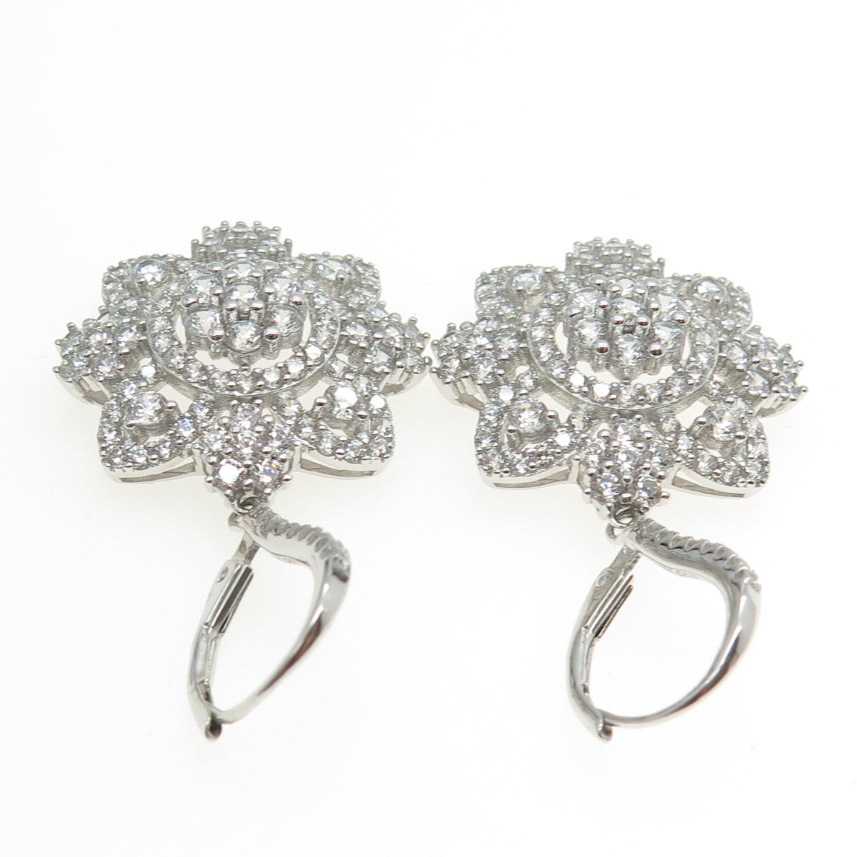 925 Sterling Silver Pave C Z Floral Dangling Earrings