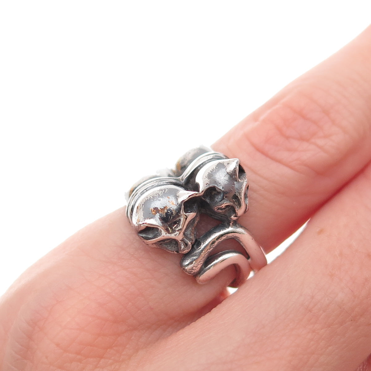 925 Sterling Silver Vintage Modernist Cat Couple Oxidized Ring Size 5