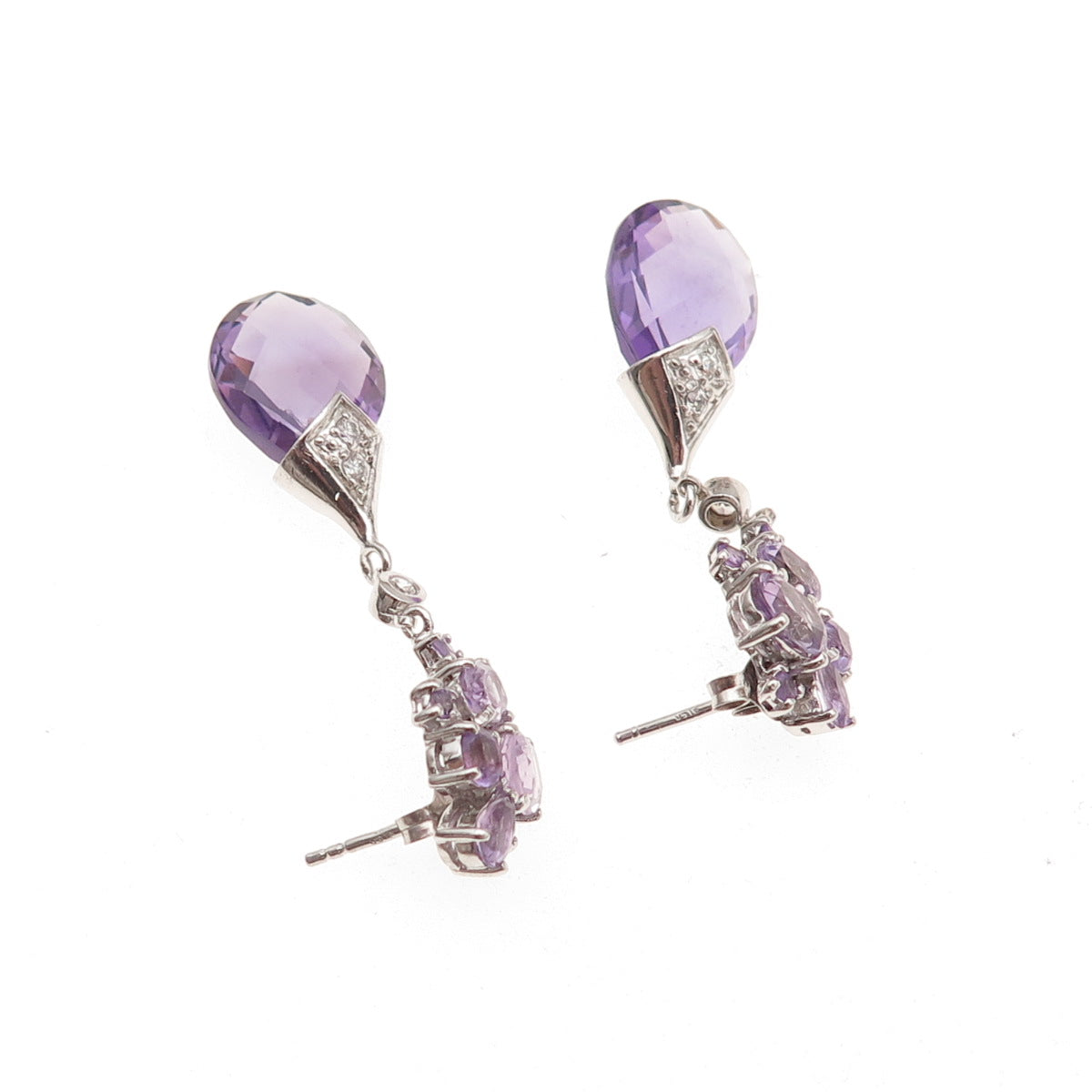 925 Sterling Silver Real Amethyst & C Z Drop Dangle Earrings