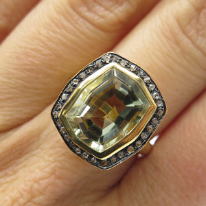925 Sterling Silver Gold Plated Real Diamond & Green Amethyst Ring Size 6.75