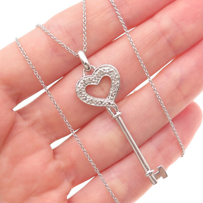925 Sterling Silver Real Round-Cut Diamond Heart Key Cable Chain Necklace 18"
