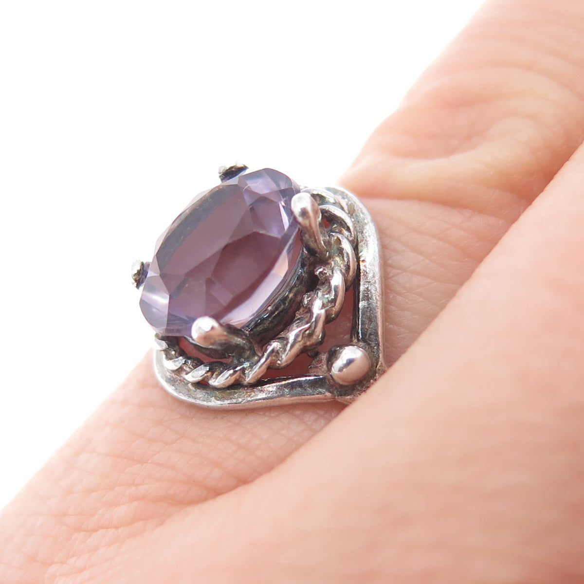 925 Sterling Silver Vintage Real Amethyst Oxidized Ring Size 5