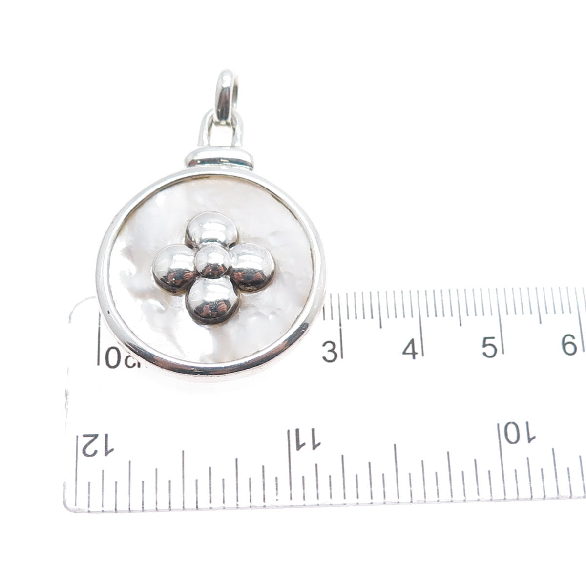 925 Sterling Silver Vintage Real MOP Flower Modernist Disc Pendant
