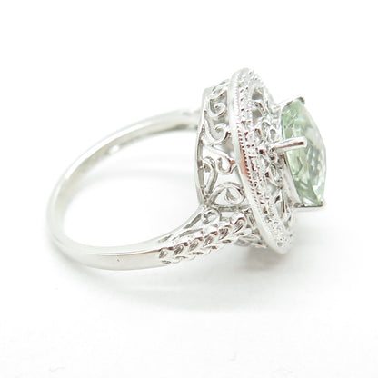 925 Sterling Silver Real Round-Cut Diamond & Green Amethyst Ring Size 7