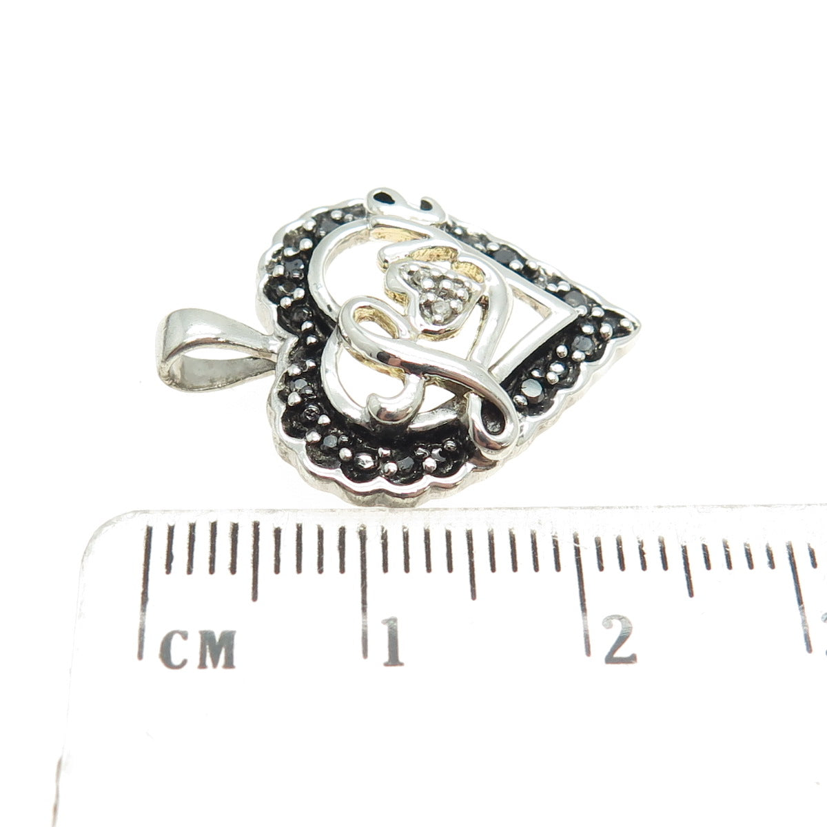 925 Sterling Silver Real Round-Cut Black & White Diamond "Love" Heart Pendant