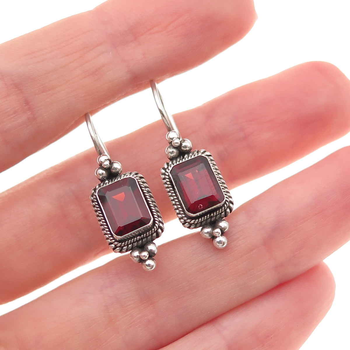 925 Sterling Silver Vintage Real Emerald-Cut Red Garnet Beaded Oxidized Earrings