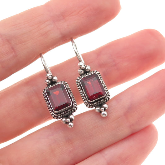 925 Sterling Silver Vintage Real Emerald-Cut Red Garnet Beaded Oxidized Earrings