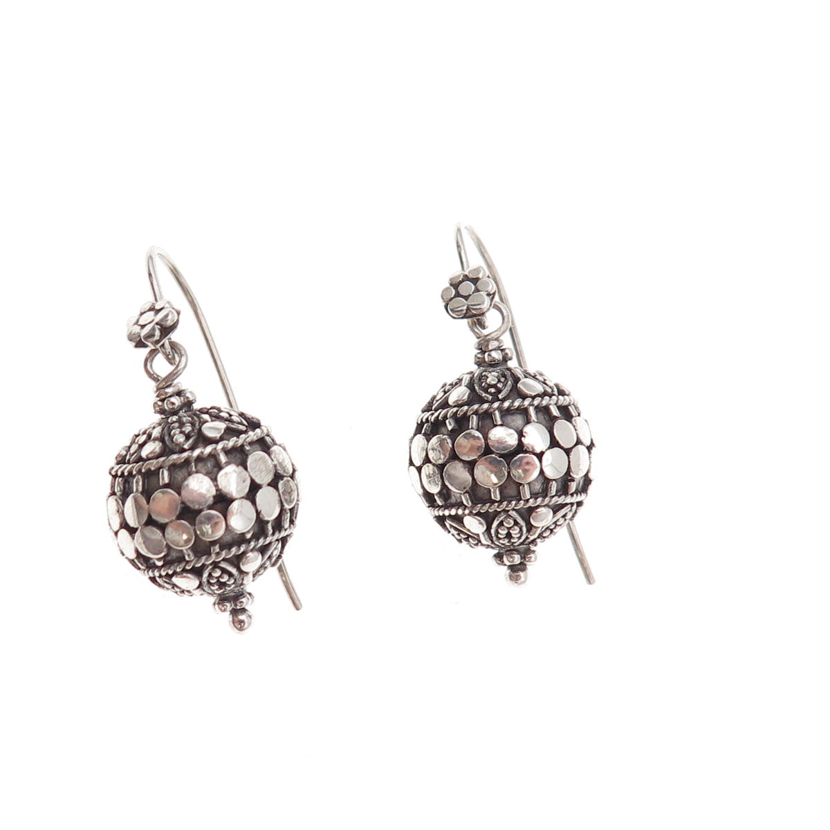 925 Sterling Silver Vintage Dotted Ball Oxidized Dangle Earrings