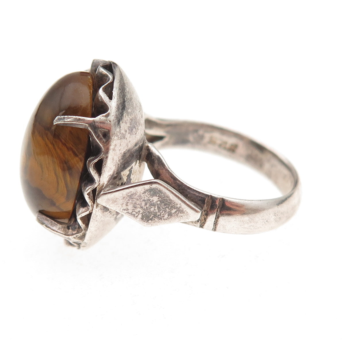 925 Sterling Silver Vintage Real Tiger Eye Modernist Oxidized Ring Size 6